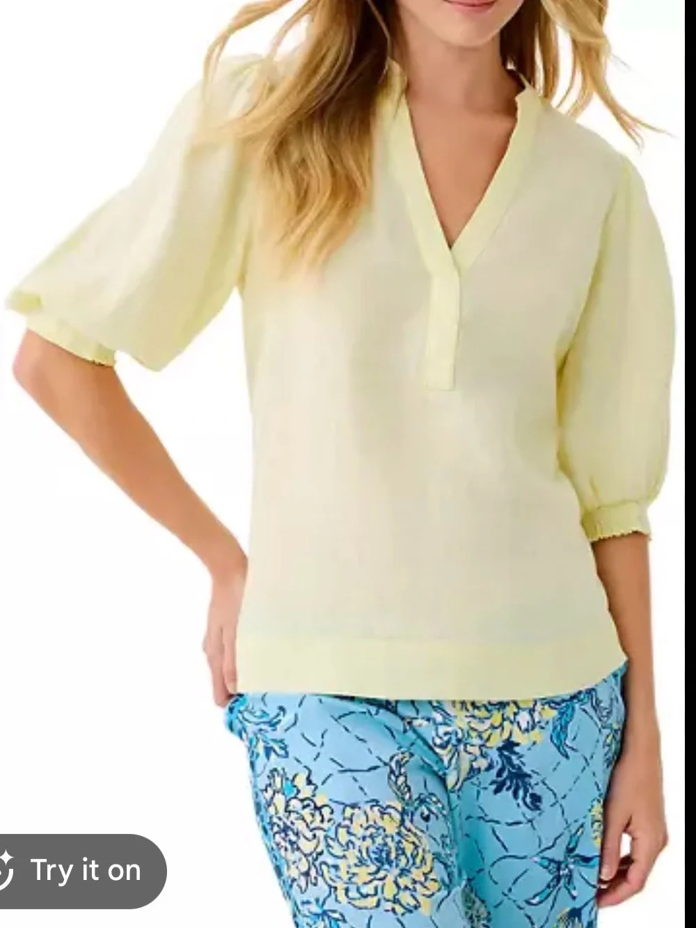 Lilly Pulitzer Pale Yellow V-Neck Puff Sleeve Blouse